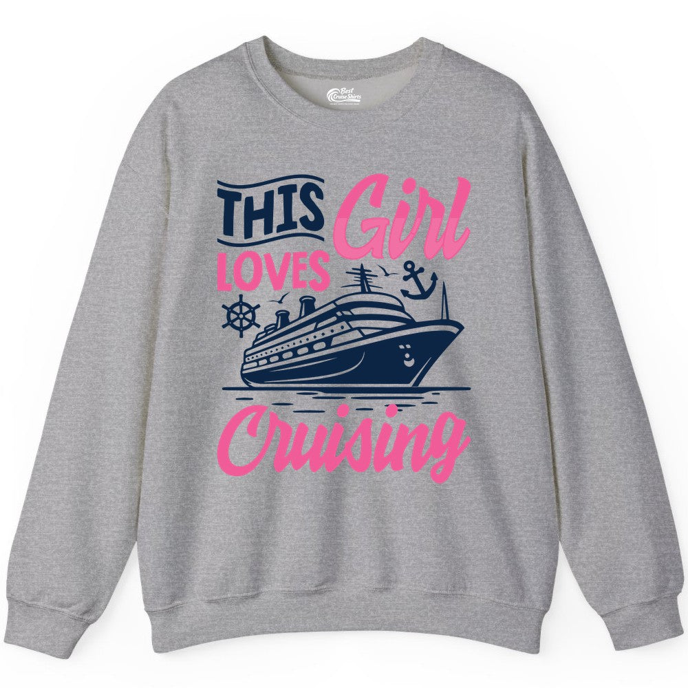 This Girl Loves Cruising Shirt - Fun Cruise Ship Gift for Girls (Sweatshirt) in Sport Grey - This Girl Loves Cruising - Fun Cruise Ship Shirt With Pink Nautical Art
