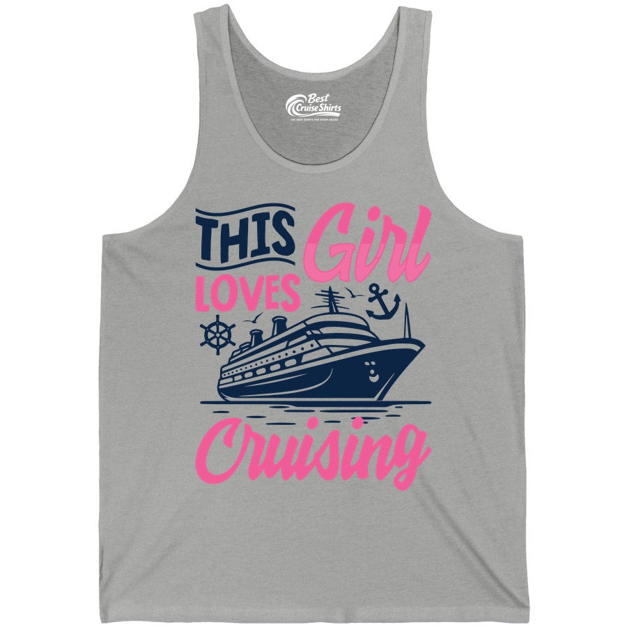 This Girl Loves Cruising Shirt - Fun Cruise Ship Gift for Girls (Tank Top) in Athletic Heather - This Girl Loves Cruising - Fun Cruise Ship Shirt With Pink Nautical Art