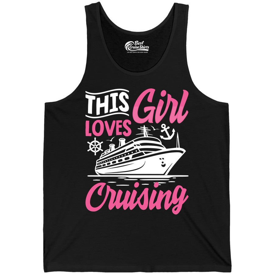 This Girl Loves Cruising Shirt - Fun Cruise Ship Gift for Girls (Tank Top) in Black - This Girl Loves Cruising - Fun Cruise Ship Shirt With Pink Nautical Art