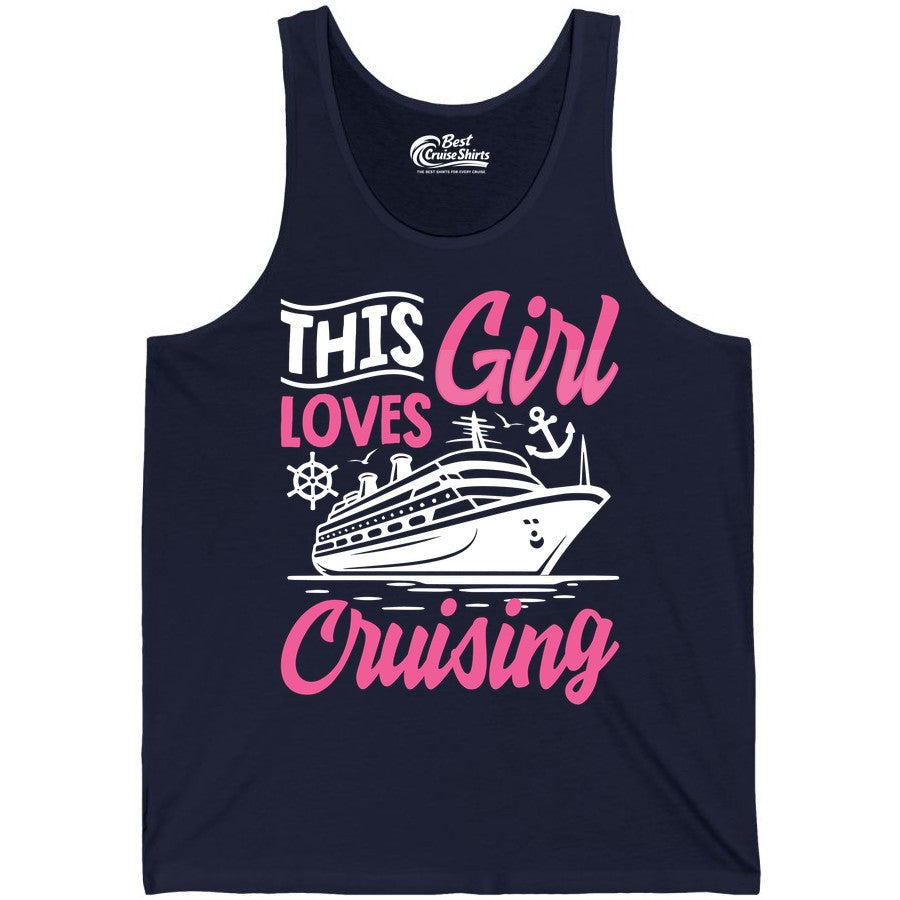 This Girl Loves Cruising Shirt - Fun Cruise Ship Gift for Girls (Tank Top) in Navy - This Girl Loves Cruising - Fun Cruise Ship Shirt With Pink Nautical Art