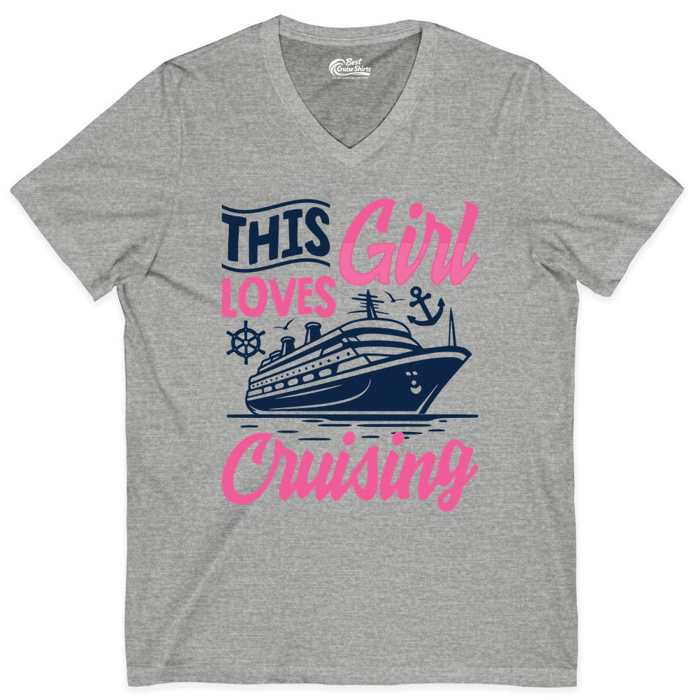 This Girl Loves Cruising Shirt - Fun Cruise Ship Gift for Girls (V-Neck) in Athletic Heather - This Girl Loves Cruising - Fun Cruise Ship Shirt With Pink Nautical Art