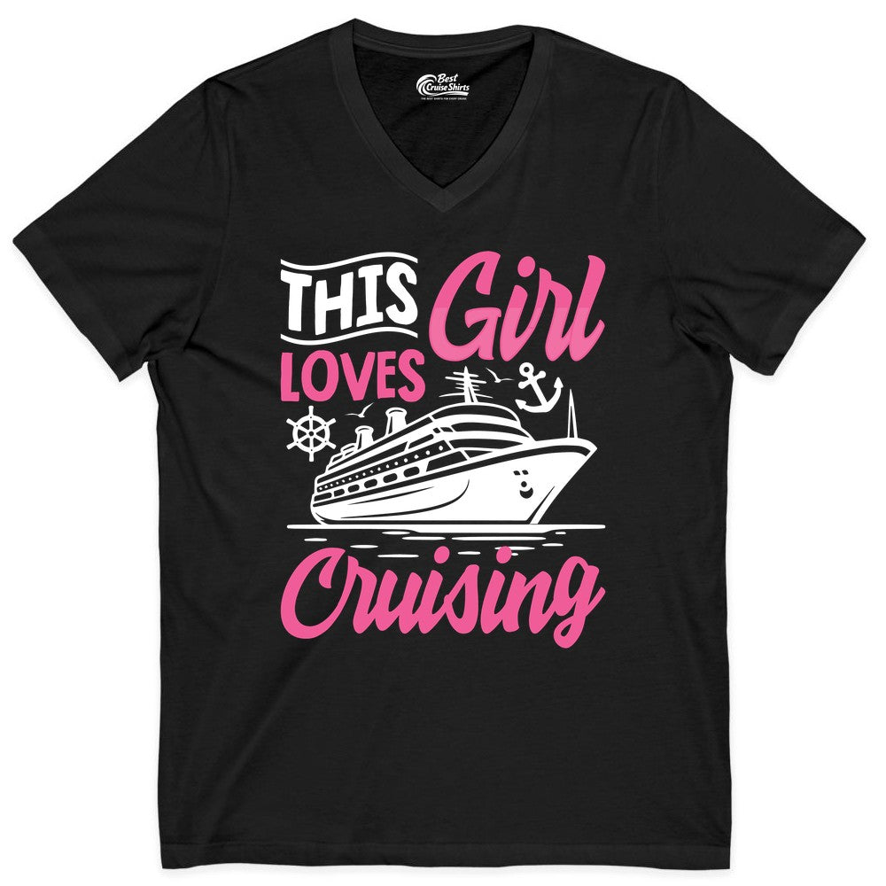 This Girl Loves Cruising Shirt - Fun Cruise Ship Gift for Girls (V-Neck) in Black - This Girl Loves Cruising - Fun Cruise Ship Shirt With Pink Nautical Art
