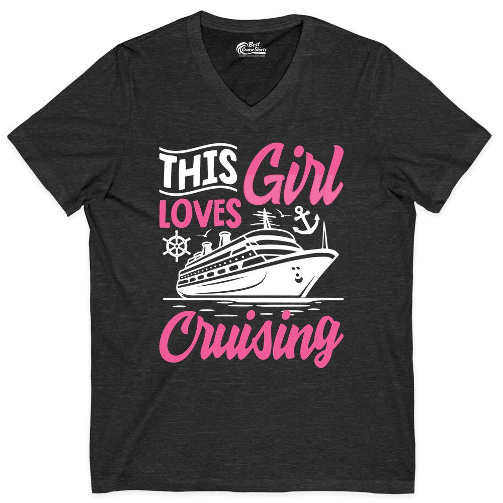 This Girl Loves Cruising Shirt - Fun Cruise Ship Gift for Girls (V-Neck) in Dark Grey Heather - This Girl Loves Cruising - Fun Cruise Ship Shirt With Pink Nautical Art