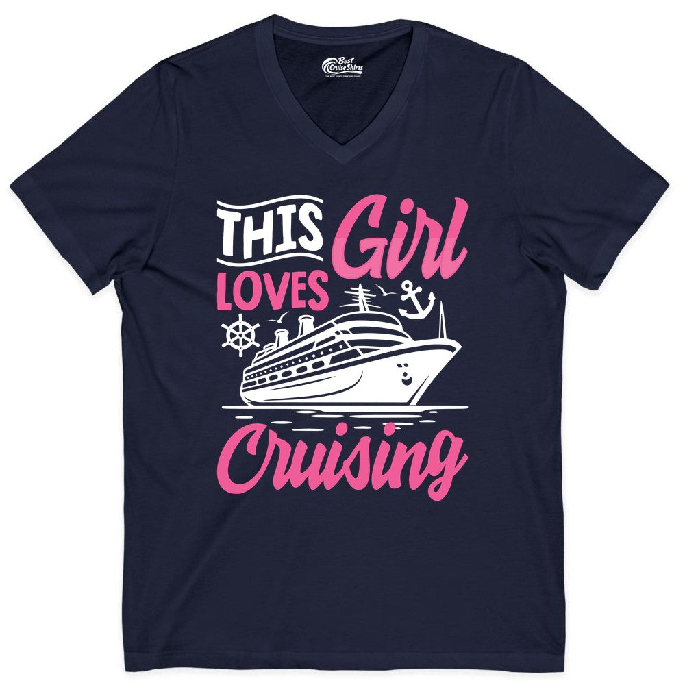 This Girl Loves Cruising Shirt - Fun Cruise Ship Gift for Girls (V-Neck) in Navy - This Girl Loves Cruising - Fun Cruise Ship Shirt With Pink Nautical Art