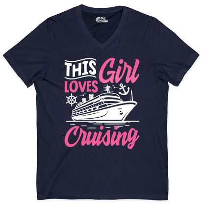 This Girl Loves Cruising Shirt - Fun Cruise Ship Gift for Girls (V-Neck) in Navy - This Girl Loves Cruising - Fun Cruise Ship Shirt With Pink Nautical Art