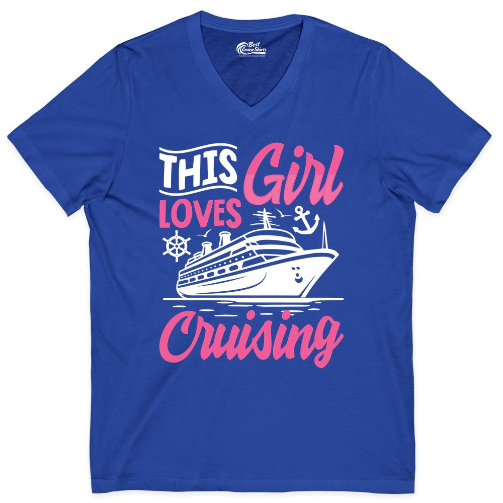 This Girl Loves Cruising Shirt - Fun Cruise Ship Gift for Girls (V-Neck) in True Royal - This Girl Loves Cruising - Fun Cruise Ship Shirt With Pink Nautical Art