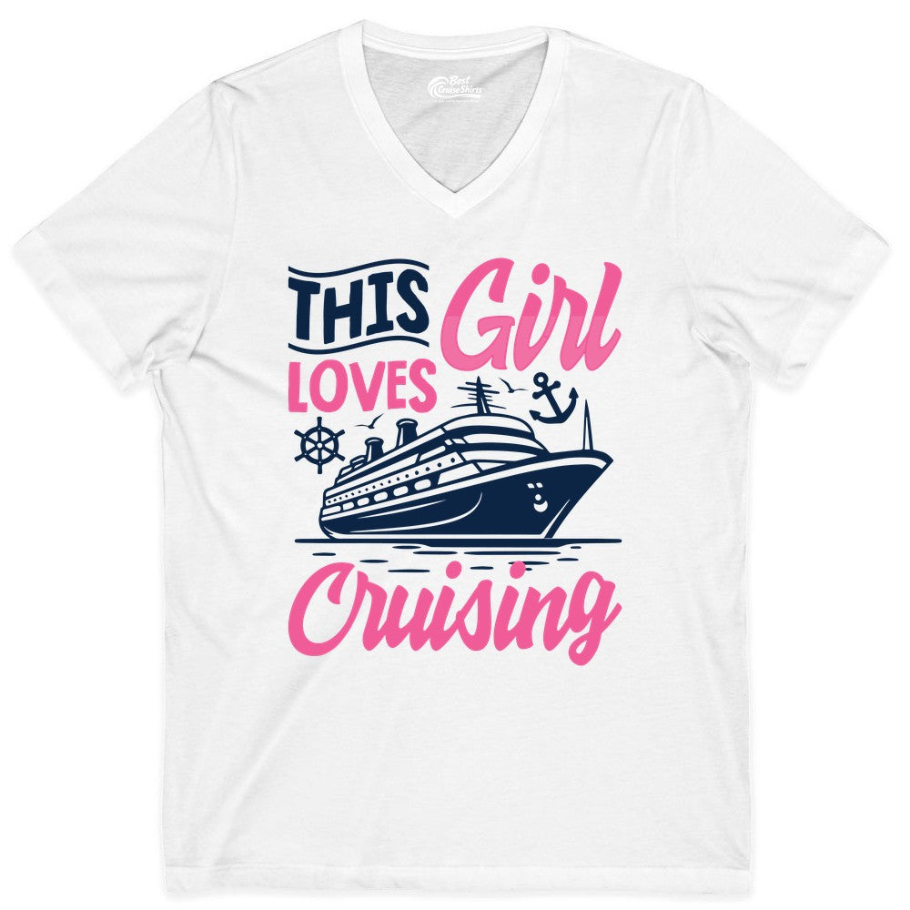 This Girl Loves Cruising Shirt - Fun Cruise Ship Gift for Girls (V-Neck) in White - This Girl Loves Cruising - Fun Cruise Ship Shirt With Pink Nautical Art