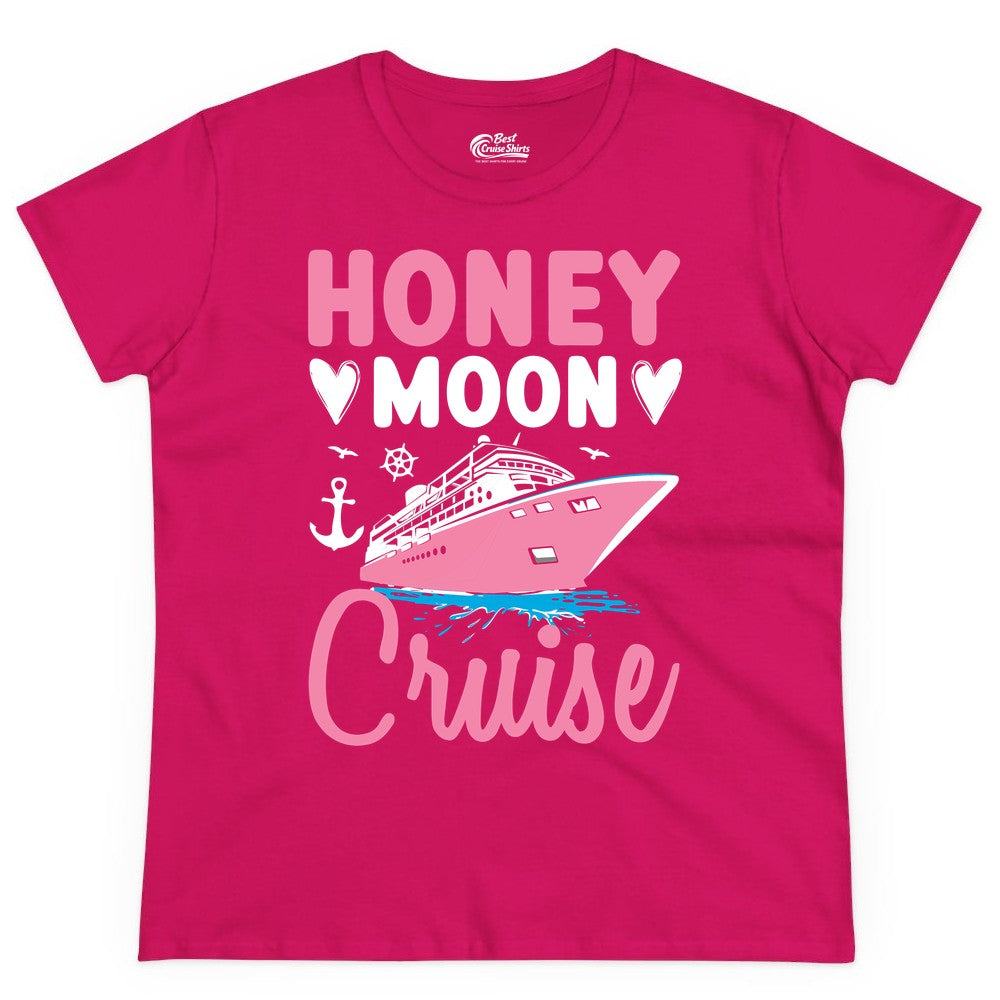 Honeymoon Cruise Shirt - Romantic Nautical Couple Vacation Outfit (Ladies Tee) in Heliconia - Honeymoon Cruise Shirt - Romantic Nautical Hearts Couple Apparel