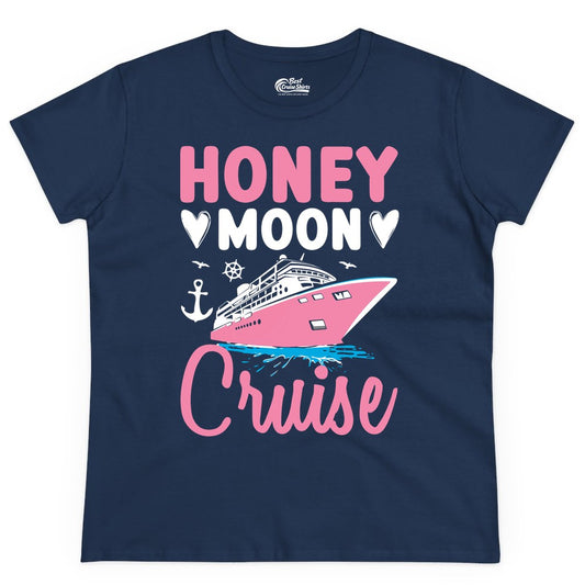 Honeymoon Cruise Shirt - Romantic Nautical Couple Vacation Outfit (Ladies Tee) in Navy - Honeymoon Cruise Shirt - Romantic Nautical Hearts Couple Apparel
