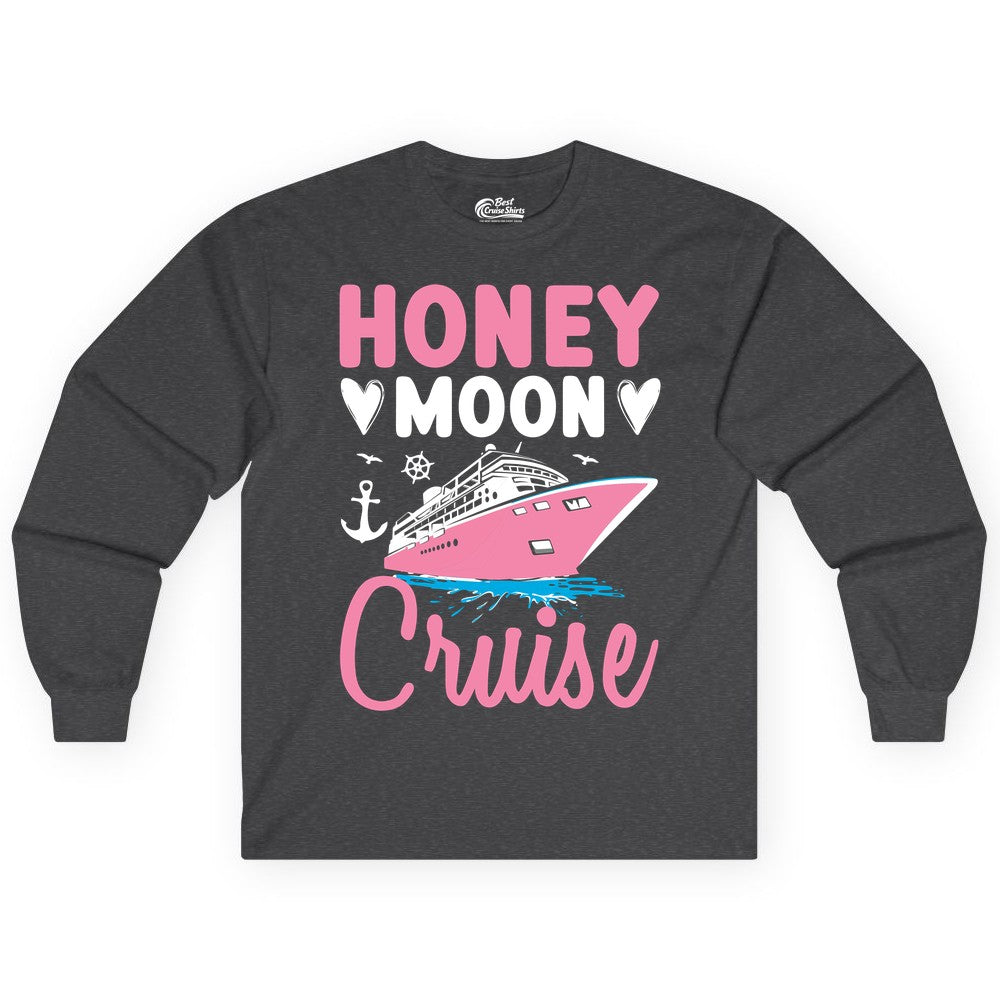 Honeymoon Cruise Shirt - Romantic Nautical Couple Vacation Outfit (Long Sleeve) in Dark Heather - Honeymoon Cruise Shirt - Romantic Nautical Hearts Couple Apparel