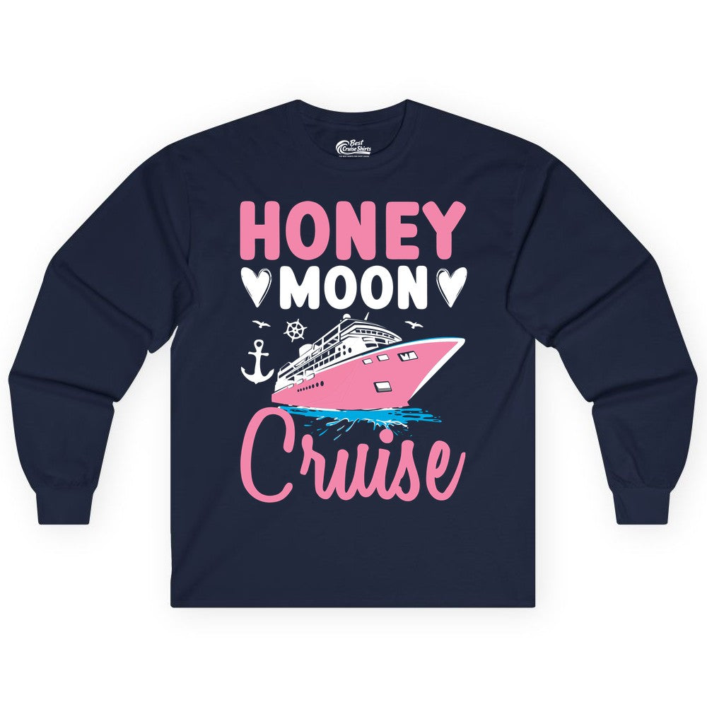 Honeymoon Cruise Shirt - Romantic Nautical Couple Vacation Outfit (Long Sleeve) in Navy - Honeymoon Cruise Shirt - Romantic Nautical Hearts Couple Apparel