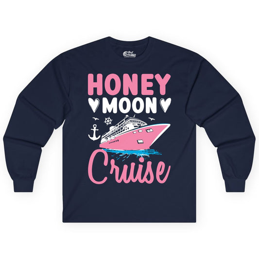 Honeymoon Cruise Shirt - Romantic Nautical Couple Vacation Outfit (Long Sleeve) in Navy - Honeymoon Cruise Shirt - Romantic Nautical Hearts Couple Apparel