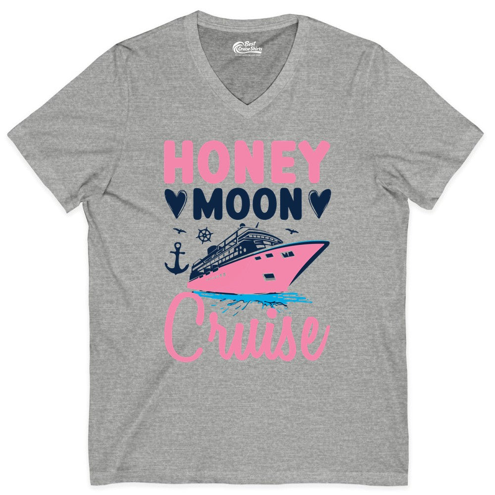 Honeymoon Cruise Shirt - Romantic Nautical Couple Vacation Outfit (V-Neck) in Athletic Heather - Honeymoon Cruise Shirt - Romantic Nautical Hearts Couple Apparel