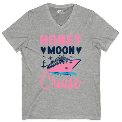 Honeymoon Cruise Shirt - Romantic Nautical Couple Vacation Outfit (V-Neck) in Athletic Heather - Honeymoon Cruise Shirt - Romantic Nautical Hearts Couple Apparel