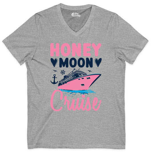 Honeymoon Cruise Shirt - Romantic Nautical Couple Vacation Outfit (V-Neck) in Athletic Heather - Honeymoon Cruise Shirt - Romantic Nautical Hearts Couple Apparel