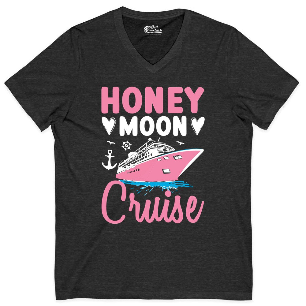 Honeymoon Cruise Shirt - Romantic Nautical Couple Vacation Outfit (V-Neck) in Dark Grey Heather - Honeymoon Cruise Shirt - Romantic Nautical Hearts Couple Apparel