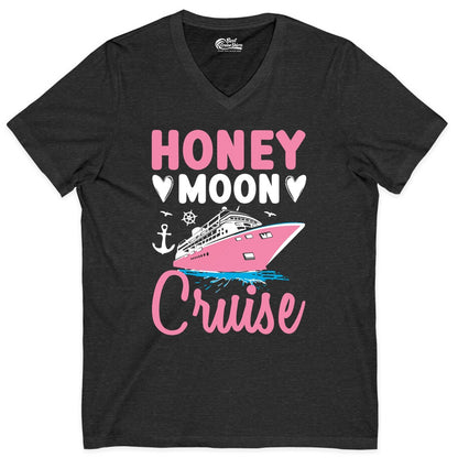 Honeymoon Cruise Shirt - Romantic Nautical Couple Vacation Outfit (V-Neck) in Dark Grey Heather - Honeymoon Cruise Shirt - Romantic Nautical Hearts Couple Apparel