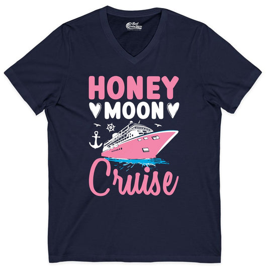 Honeymoon Cruise Shirt - Romantic Nautical Couple Vacation Outfit (V-Neck) in Navy - Honeymoon Cruise Shirt - Romantic Nautical Hearts Couple Apparel
