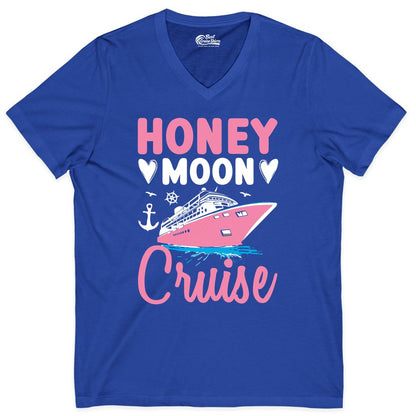 Honeymoon Cruise Shirt - Romantic Nautical Couple Vacation Outfit (V-Neck) in True Royal - Honeymoon Cruise Shirt - Romantic Nautical Hearts Couple Apparel