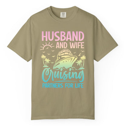 Husband and Wife Cruising Shirt - Romantic Tropical Cruise Apparel (Comfort Color) in Khaki - Husband and Wife Cruising Shirt - Romantic Tropical Sunset Partners
