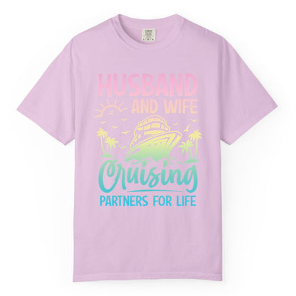 Husband and Wife Cruising Shirt - Romantic Tropical Cruise Apparel (Comfort Color) in Orchid - Husband and Wife Cruising Shirt - Romantic Tropical Sunset Partners