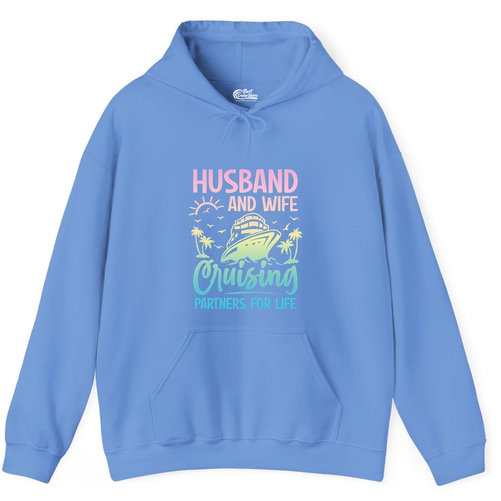 Husband and Wife Cruising Shirt - Romantic Tropical Cruise Apparel (Hoodie) in Carolina Blue - Husband and Wife Cruising Shirt - Romantic Tropical Sunset Partners