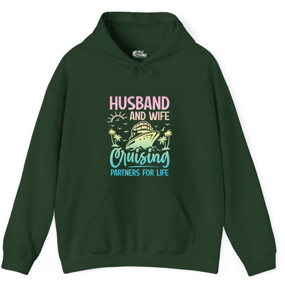 Husband and Wife Cruising Shirt - Romantic Tropical Cruise Apparel (Hoodie) in Forest Green - Husband and Wife Cruising Shirt - Romantic Tropical Sunset Partners