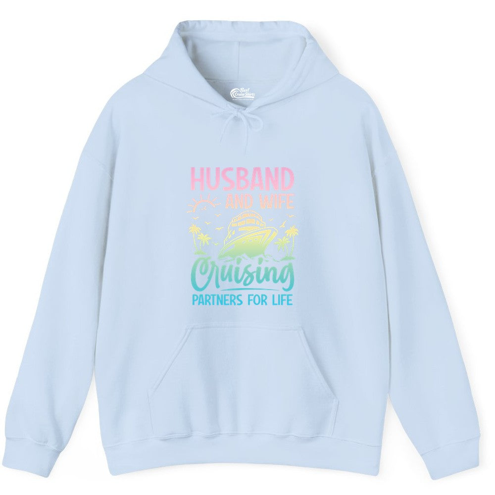 Husband and Wife Cruising Shirt - Romantic Tropical Cruise Apparel (Hoodie) in Light Blue - Husband and Wife Cruising Shirt - Romantic Tropical Sunset Partners