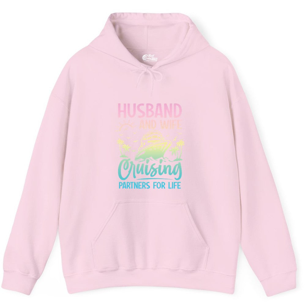 Husband and Wife Cruising Shirt - Romantic Tropical Cruise Apparel (Hoodie) in Light Pink - Husband and Wife Cruising Shirt - Romantic Tropical Sunset Partners