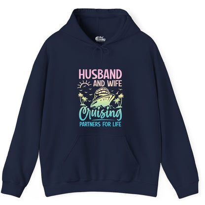 Husband and Wife Cruising Shirt - Romantic Tropical Cruise Apparel (Hoodie) in Navy - Husband and Wife Cruising Shirt - Romantic Tropical Sunset Partners