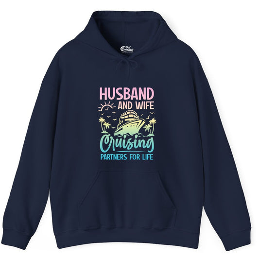 Husband and Wife Cruising Shirt - Romantic Tropical Cruise Apparel (Hoodie) in Navy - Husband and Wife Cruising Shirt - Romantic Tropical Sunset Partners