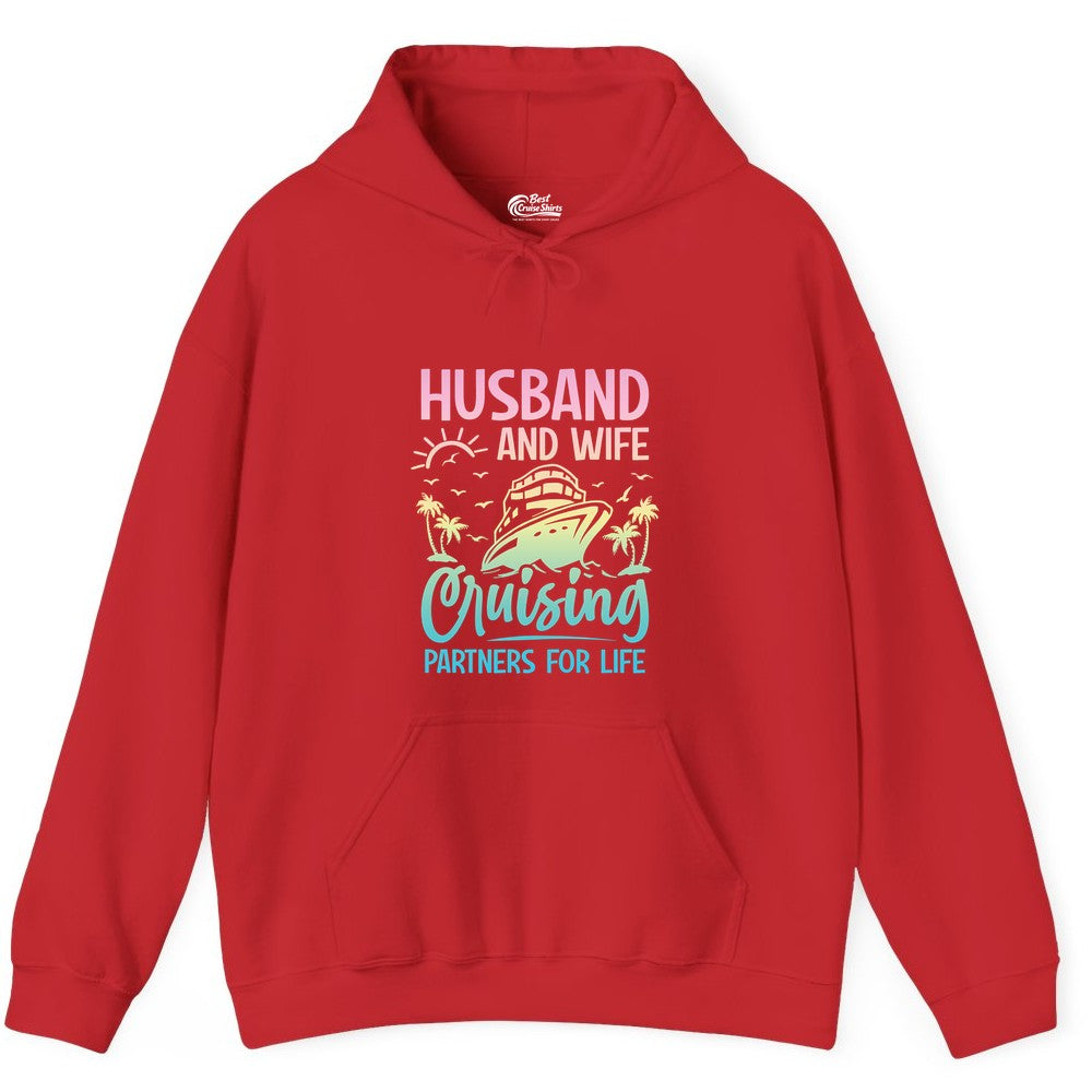 Husband and Wife Cruising Shirt - Romantic Tropical Cruise Apparel (Hoodie) in Red - Husband and Wife Cruising Shirt - Romantic Tropical Sunset Partners