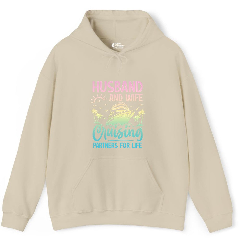Husband and Wife Cruising Shirt - Romantic Tropical Cruise Apparel (Hoodie) in Sand - Husband and Wife Cruising Shirt - Romantic Tropical Sunset Partners