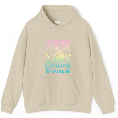 Husband and Wife Cruising Shirt - Romantic Tropical Cruise Apparel (Hoodie) in Sand - Husband and Wife Cruising Shirt - Romantic Tropical Sunset Partners
