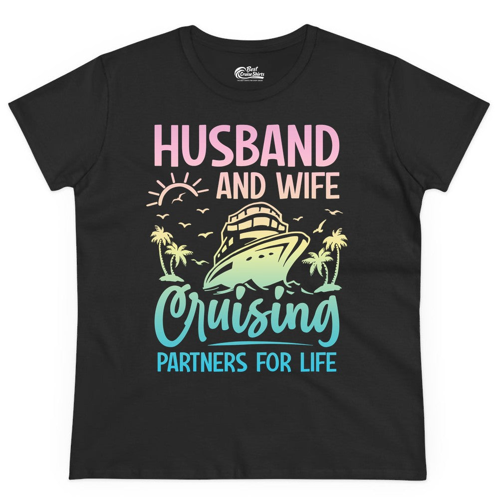 Husband and Wife Cruising Shirt - Romantic Tropical Cruise Apparel (Ladies Tee) in Black - Husband and Wife Cruising Shirt - Romantic Tropical Sunset Partners
