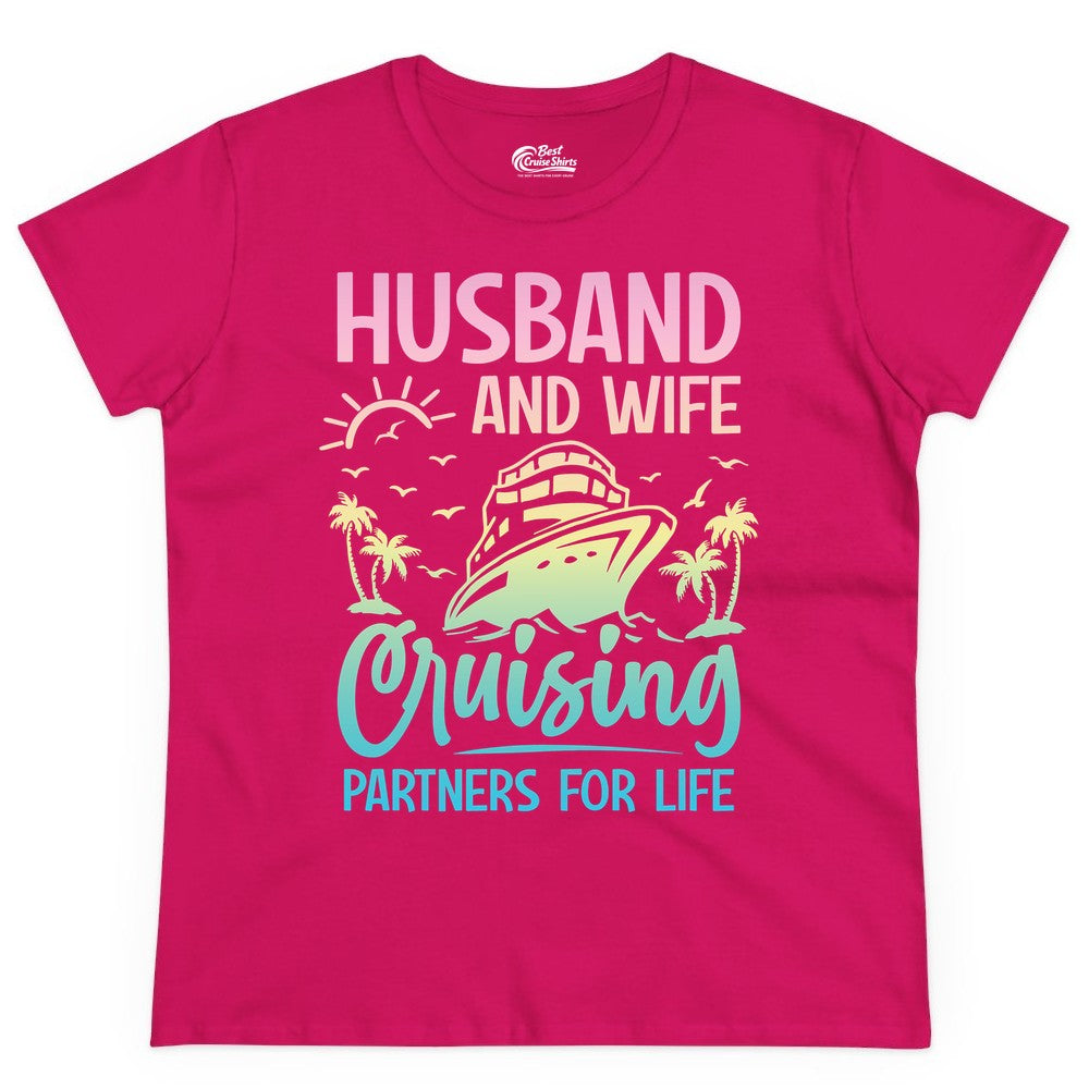 Husband and Wife Cruising Shirt - Romantic Tropical Cruise Apparel (Ladies Tee) in Heliconia - Husband and Wife Cruising Shirt - Romantic Tropical Sunset Partners