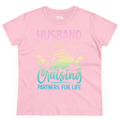 Husband and Wife Cruising Shirt - Romantic Tropical Cruise Apparel (Ladies Tee) in Light Pink - Husband and Wife Cruising Shirt - Romantic Tropical Sunset Partners