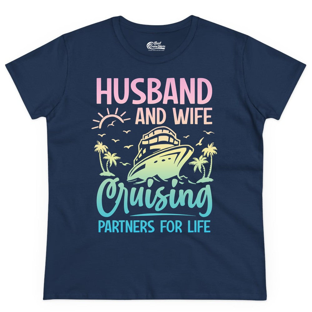 Husband and Wife Cruising Shirt - Romantic Tropical Cruise Apparel (Ladies Tee) in Navy - Husband and Wife Cruising Shirt - Romantic Tropical Sunset Partners