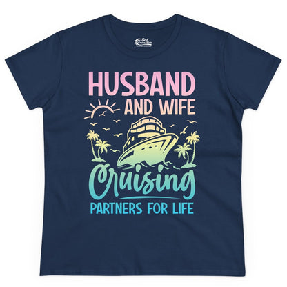 Husband and Wife Cruising Shirt - Romantic Tropical Cruise Apparel (Ladies Tee) in Navy - Husband and Wife Cruising Shirt - Romantic Tropical Sunset Partners