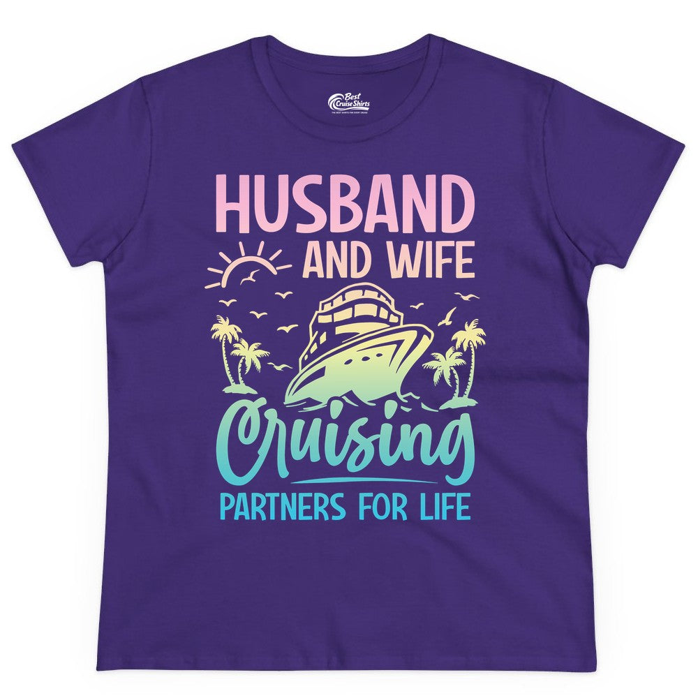 Husband and Wife Cruising Shirt - Romantic Tropical Cruise Apparel (Ladies Tee) in Purple - Husband and Wife Cruising Shirt - Romantic Tropical Sunset Partners