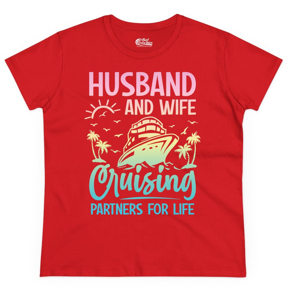 Husband and Wife Cruising Shirt - Romantic Tropical Cruise Apparel (Ladies Tee) in Red - Husband and Wife Cruising Shirt - Romantic Tropical Sunset Partners