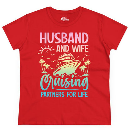 Husband and Wife Cruising Shirt - Romantic Tropical Cruise Apparel (Ladies Tee) in Red - Husband and Wife Cruising Shirt - Romantic Tropical Sunset Partners
