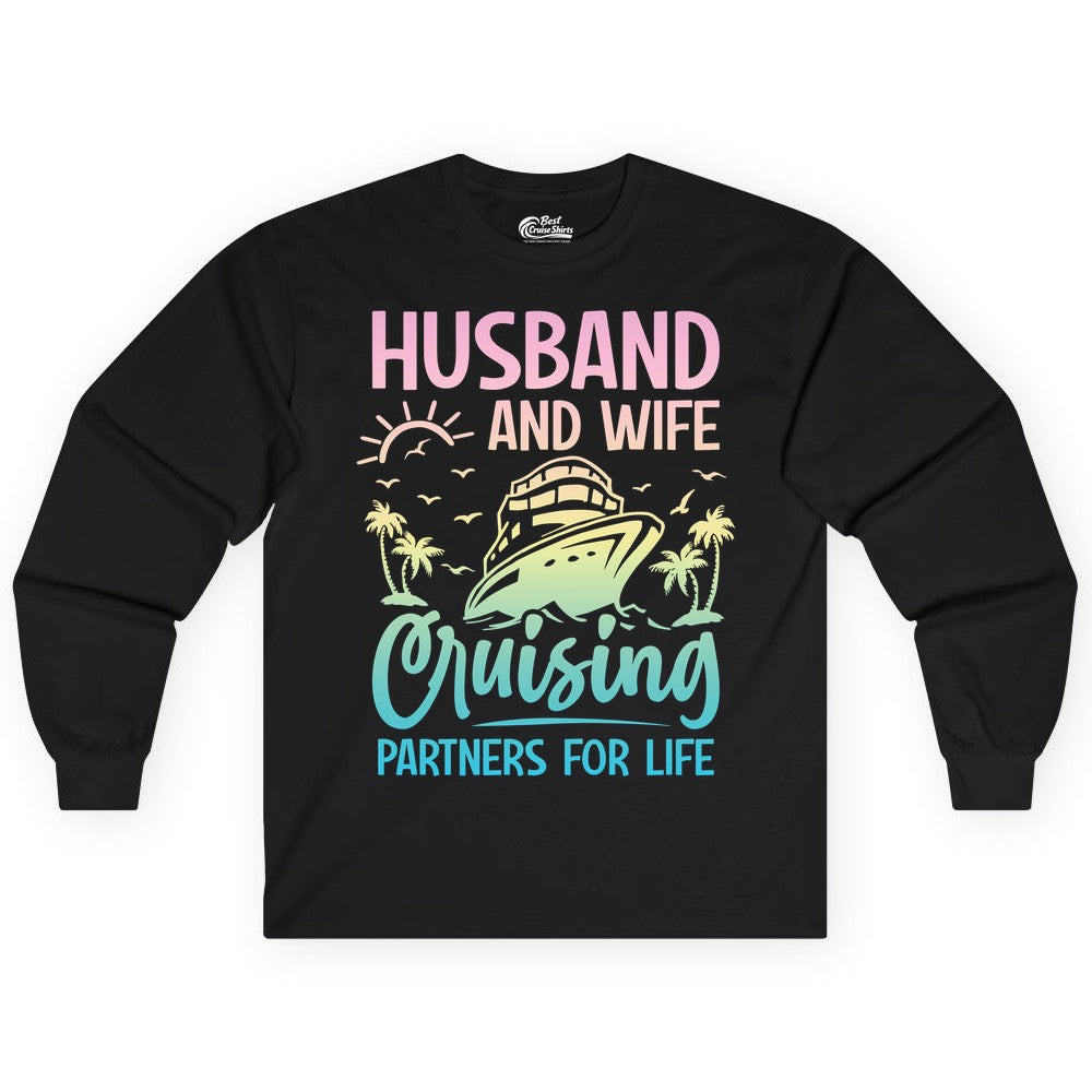 Husband and Wife Cruising Shirt - Romantic Tropical Cruise Apparel (Long Sleeve) in Black - Husband and Wife Cruising Shirt - Romantic Tropical Sunset Partners