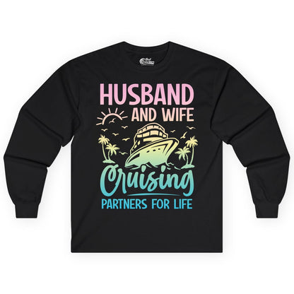 Husband and Wife Cruising Shirt - Romantic Tropical Cruise Apparel (Long Sleeve) in Black - Husband and Wife Cruising Shirt - Romantic Tropical Sunset Partners