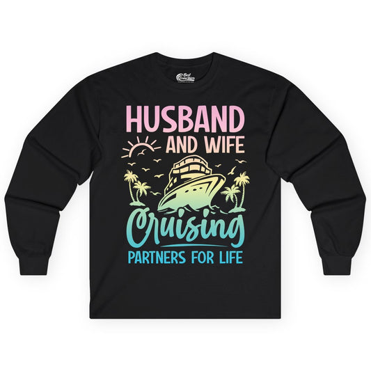 Husband and Wife Cruising Shirt - Romantic Tropical Cruise Apparel (Long Sleeve) in Black - Husband and Wife Cruising Shirt - Romantic Tropical Sunset Partners