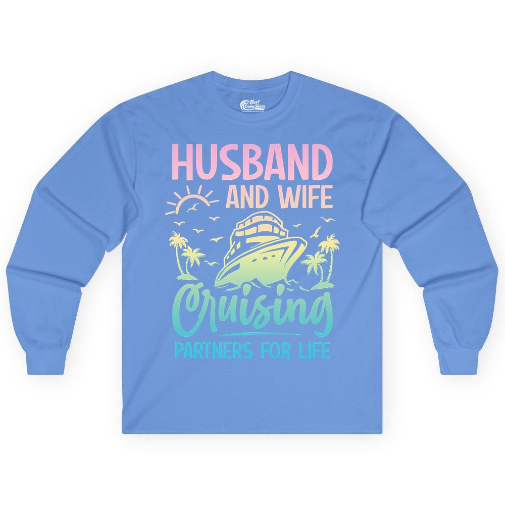 Husband and Wife Cruising Shirt - Romantic Tropical Cruise Apparel (Long Sleeve) in Carolina Blue - Husband and Wife Cruising Shirt - Romantic Tropical Sunset Partners
