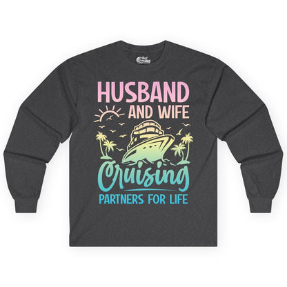 Husband and Wife Cruising Shirt - Romantic Tropical Cruise Apparel (Long Sleeve) in Dark Heather - Husband and Wife Cruising Shirt - Romantic Tropical Sunset Partners