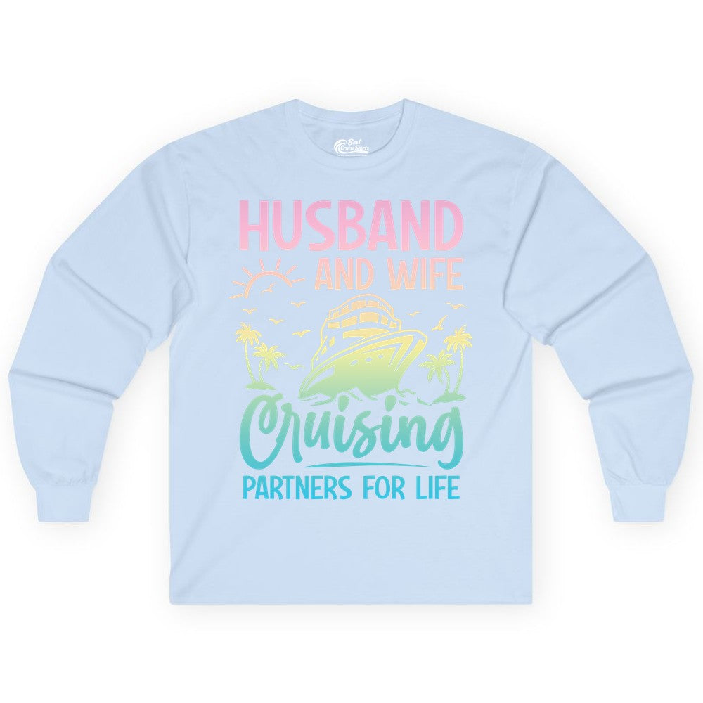 Husband and Wife Cruising Shirt - Romantic Tropical Cruise Apparel (Long Sleeve) in Light Blue - Husband and Wife Cruising Shirt - Romantic Tropical Sunset Partners