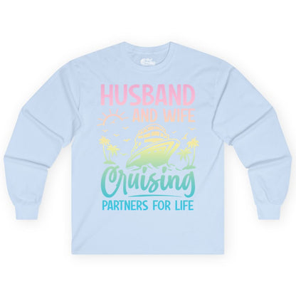 Husband and Wife Cruising Shirt - Romantic Tropical Cruise Apparel (Long Sleeve) in Light Blue - Husband and Wife Cruising Shirt - Romantic Tropical Sunset Partners