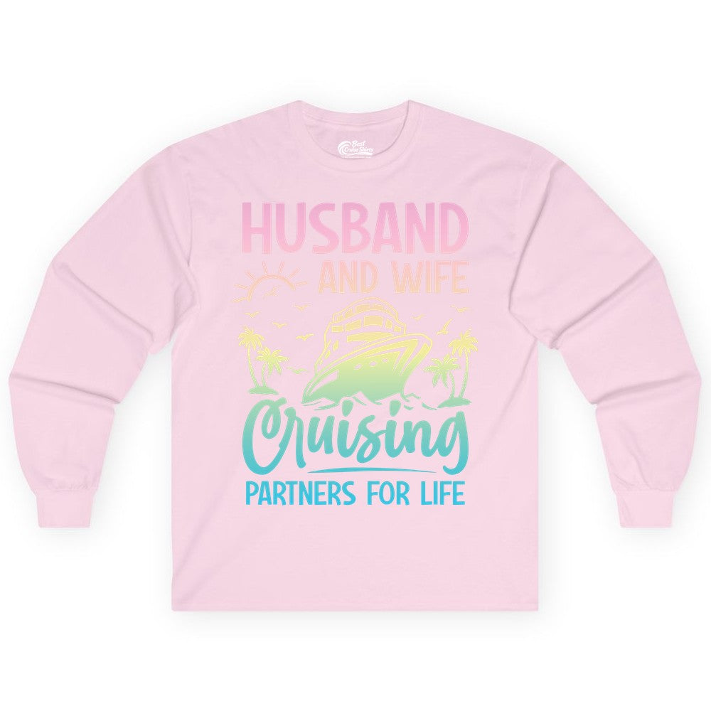 Husband and Wife Cruising Shirt - Romantic Tropical Cruise Apparel (Long Sleeve) in Light Pink - Husband and Wife Cruising Shirt - Romantic Tropical Sunset Partners